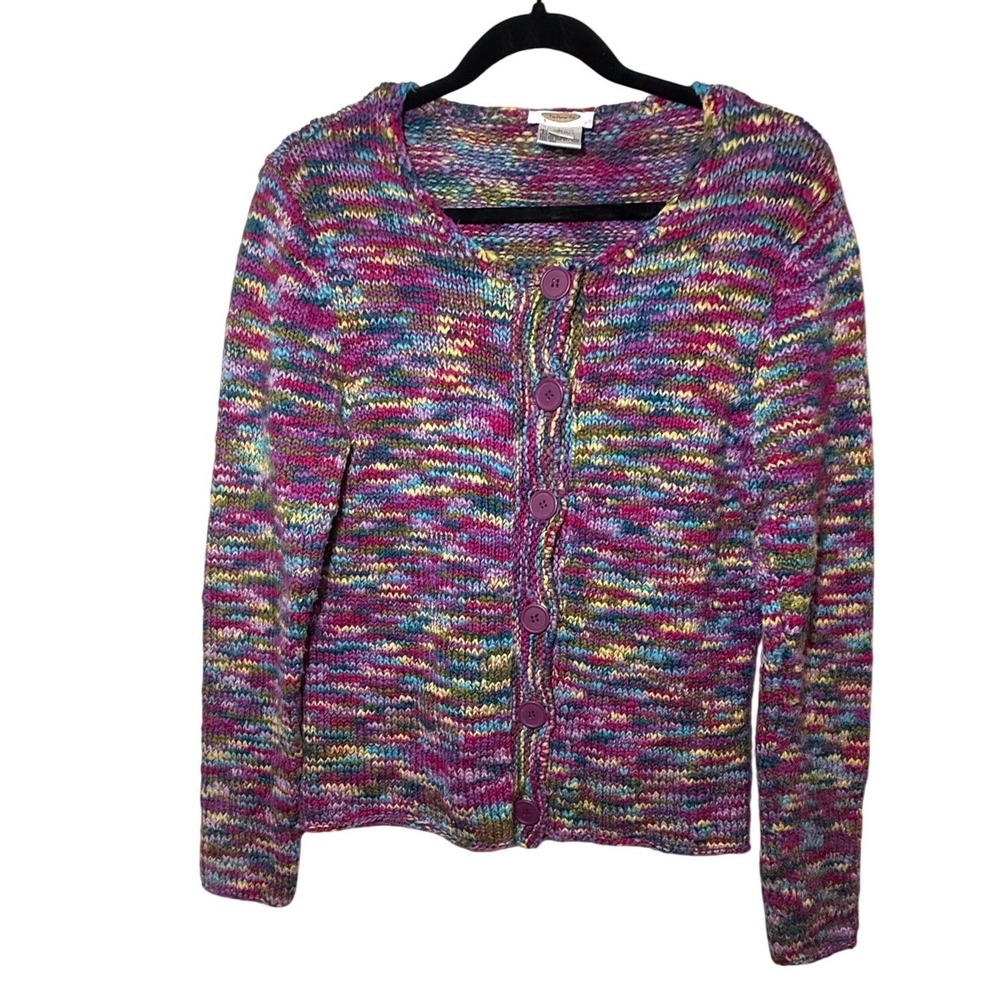 Vintage Talbots Womens Multi Color Chunky Cozy Knit Space-Dyed Cotton Cardigan L